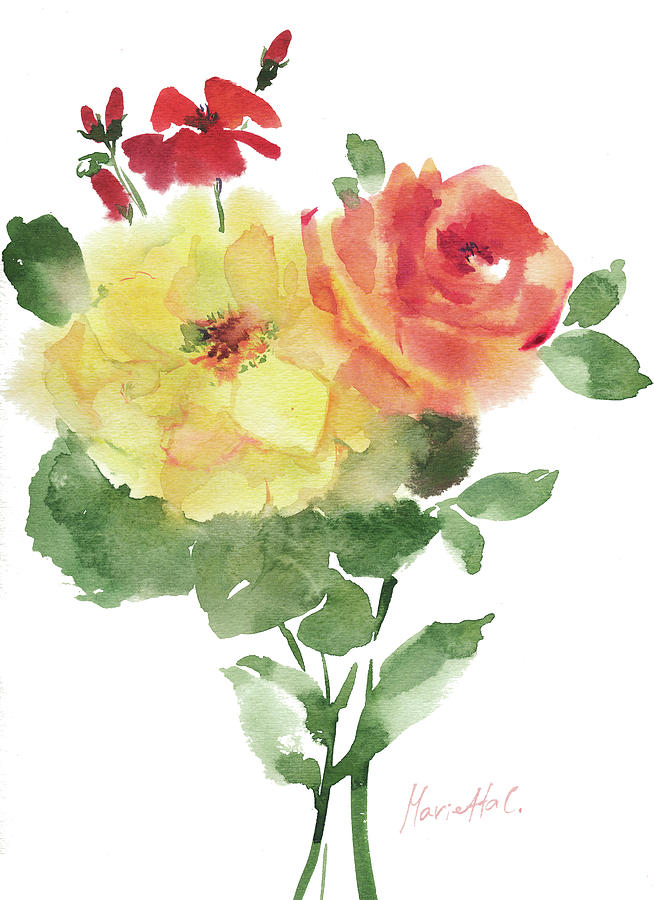 Flower Painting - Roses Bogonvilia 1 by Marietta Cohen Art And Design