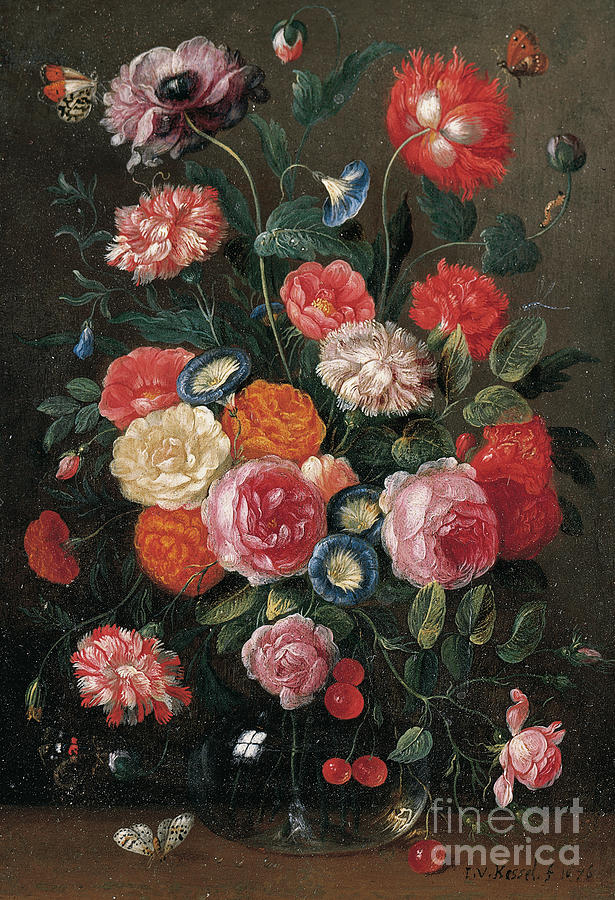 Roses, carnations, morning glory, a poppy and a sprig of cherries in a glass vase Painting by Jan van the Elder Kessel
