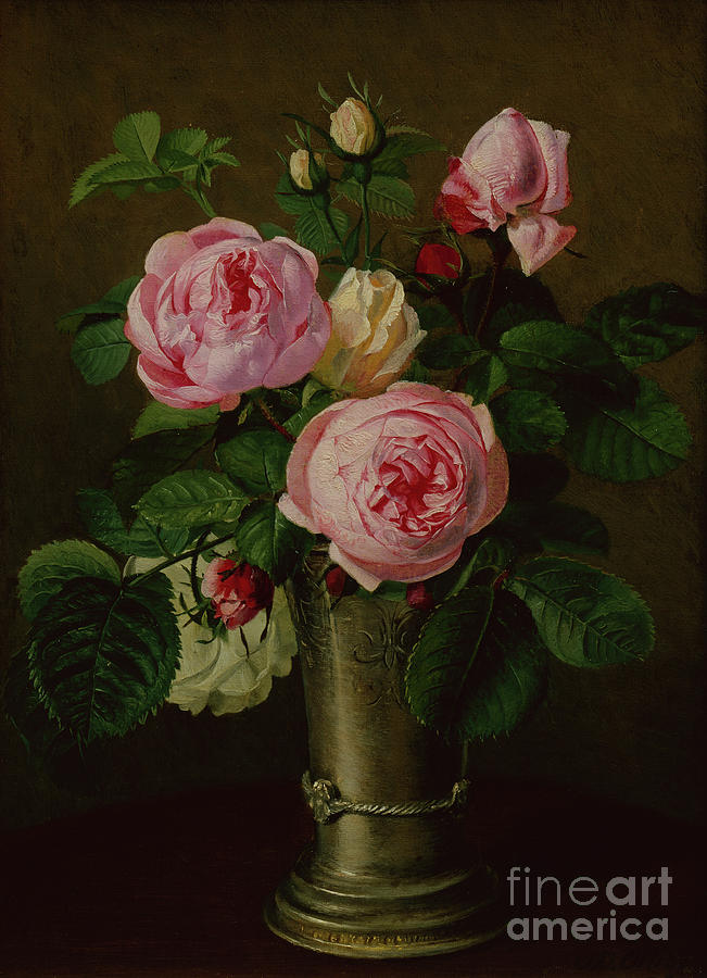 Roses In A Pewter Vase Painting by Otto Didrik Ottesen