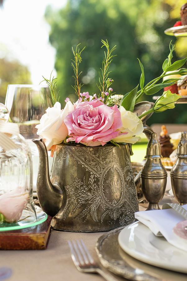 Roses In Teapot Decorating Tea-time Buffet Photograph by Great Stock!