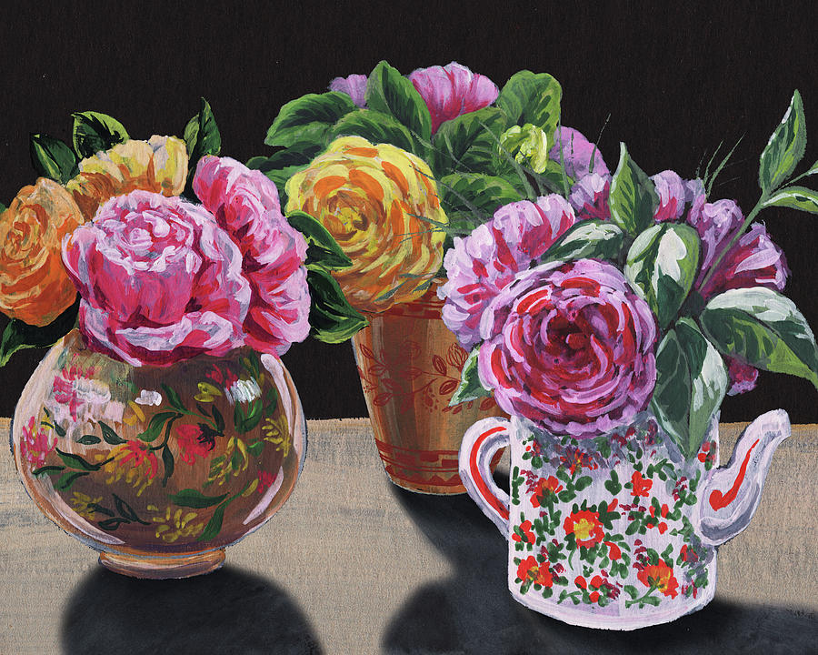 Roses In Three Vases Floral Impressionism  Painting by Irina Sztukowski