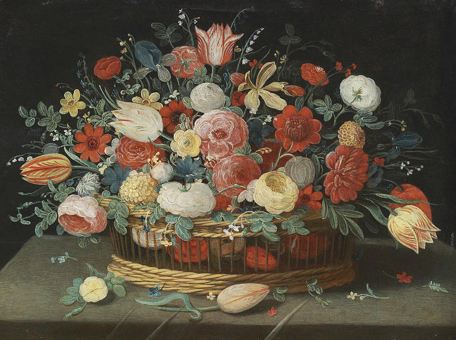 Roses, tulips, irises and other flowers in a basket, on a draped table strewn with flowers and folia Painting by Jan van Kessel the Elder