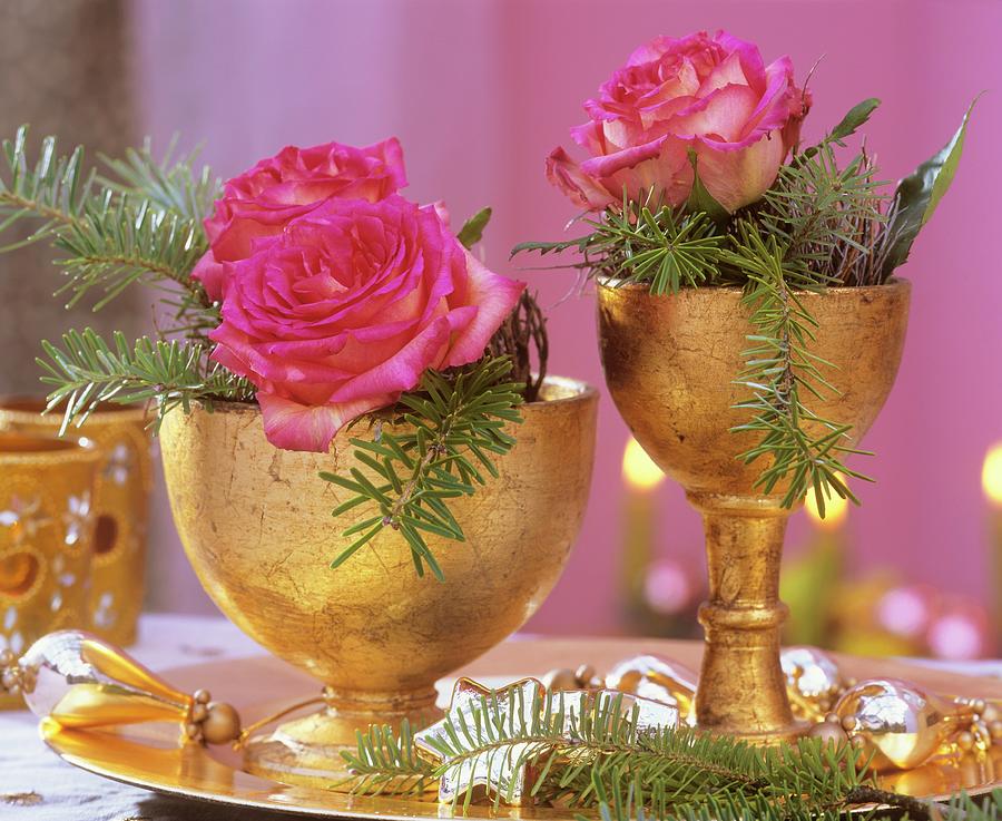 Roses With Korean Fir In Gold Goblets Photograph by Friedrich Strauss