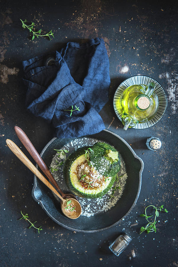 Round Courgette Filled With Barley And Dried Tomatoes seen From Above Photograph by Aleksandra Kordalska