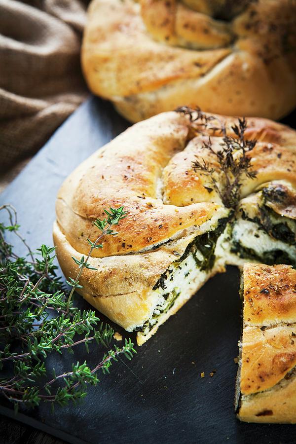 Round Loaf With Spinach Filling And Thyme Photograph by Theodosis Georgiadis