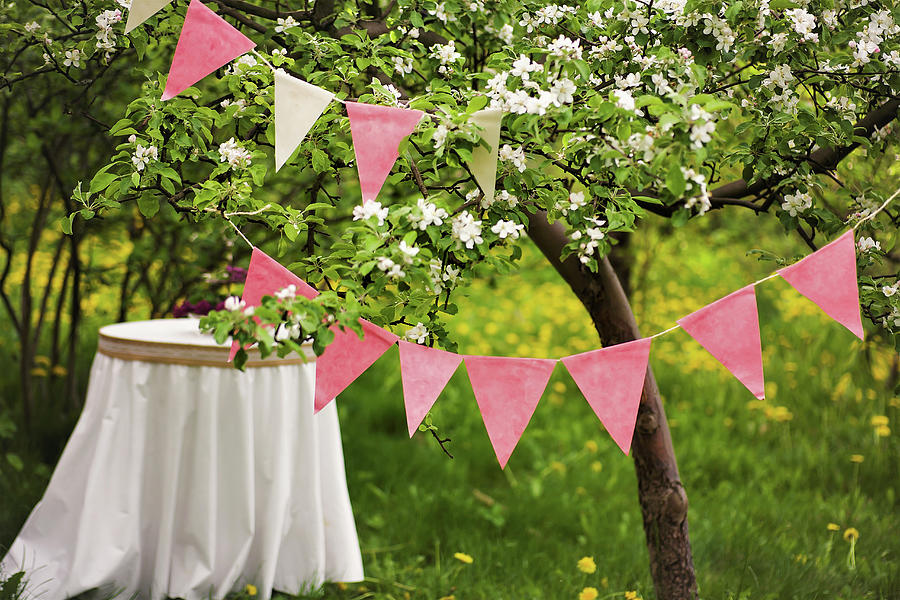 Round Table Below Bunting Hung From Flowering Cherry Tree Photograph by Alicja Koll