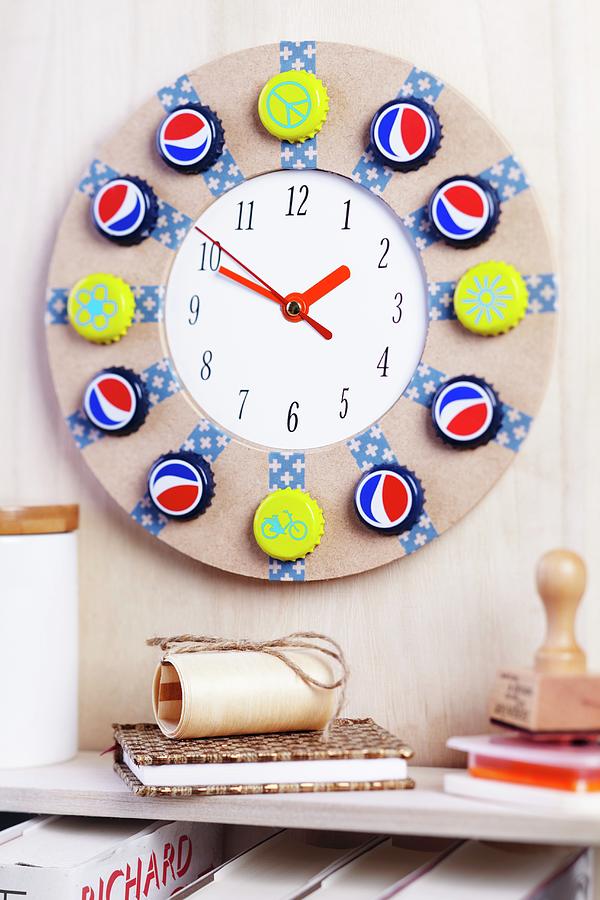 Round Wall Clock Decorated With Brightly Painted Bottle Caps And Washi Tape Photograph by Franziska Taube
