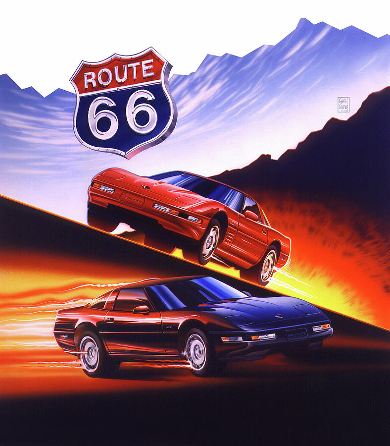 Detroit Painting - ROUTE 66 Firebird and Corvette by Garth Glazier