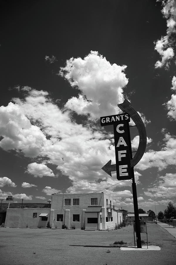 Route 66 - Grants Cafe Neon 2012 BW Photograph by Frank Romeo
