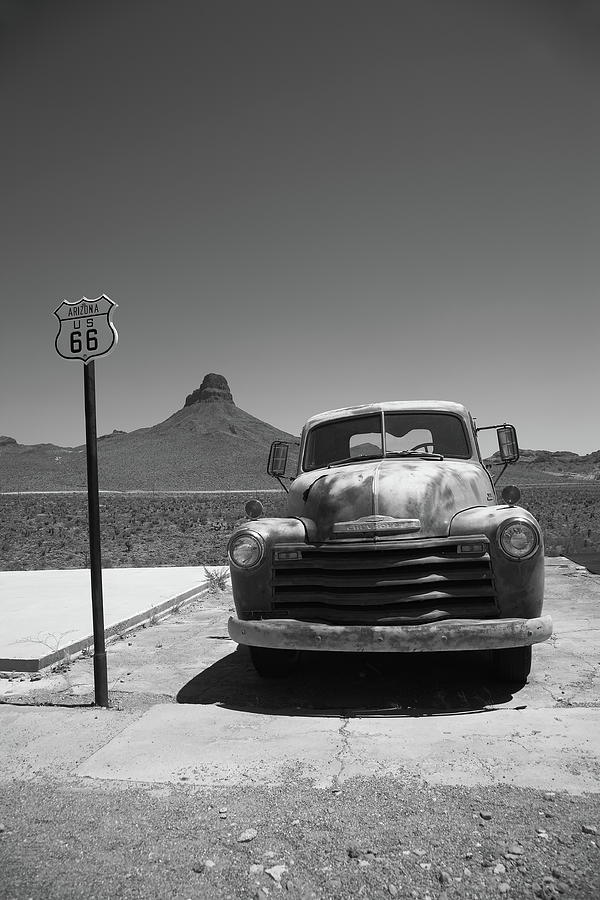 Route 66 - Old Chevy and Shield 2012 BW Photograph by Frank Romeo