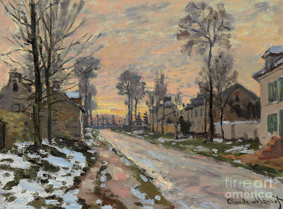 Route a Louveciennes, neige fondante, soleil couchant Painting by Claude Monet
