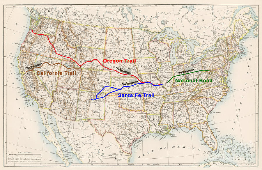Routes Of The Great Westward Trails On An 1870s Map Of The Us Painting by American School