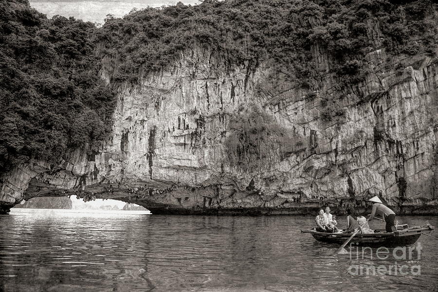 Row Boat Limestone Ha Long Bay Sepia  Photograph by Chuck Kuhn