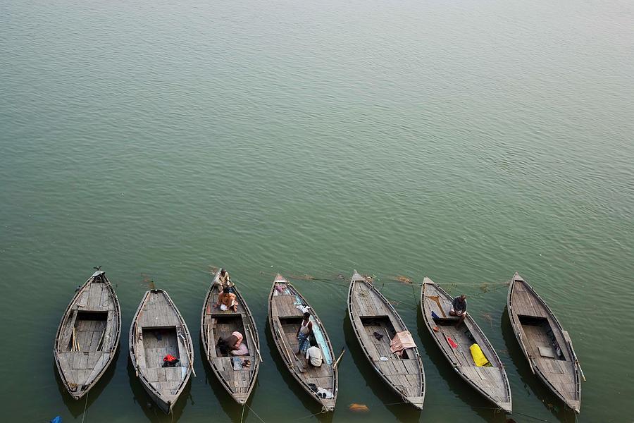Row Of Boats In Ganges River, India Photograph by Jami Tarris