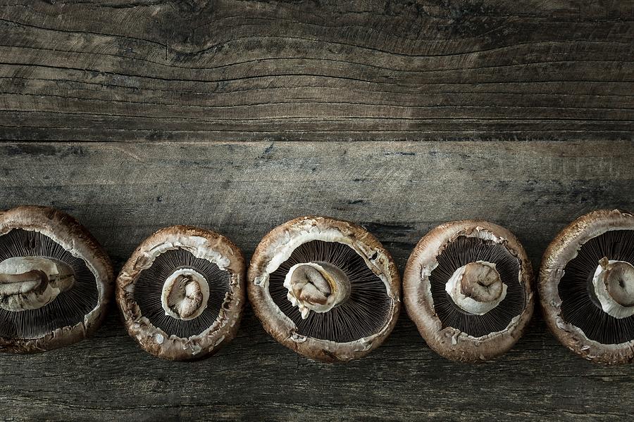 Row Of Portobello Mushrooms On A Wooden Surface Photograph by Sarah Coghill