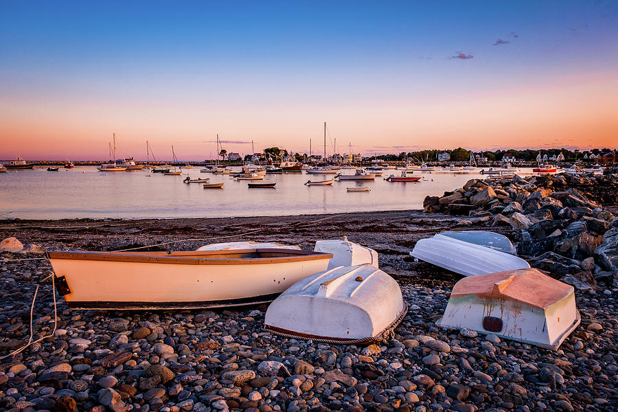 Rowboats at Rye Harbor, Sunset Photograph by Jeff Sinon