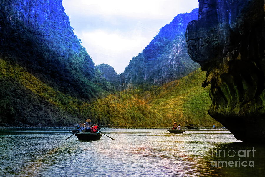 Rowing Boats Ha Long Bay Vietnam Color Mixed  Digital Art by Chuck Kuhn