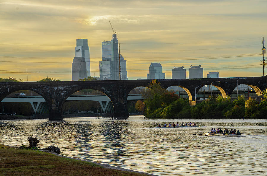 Rowing the Schuylkill - Cityscape at Dawn Photograph by Bill Cannon