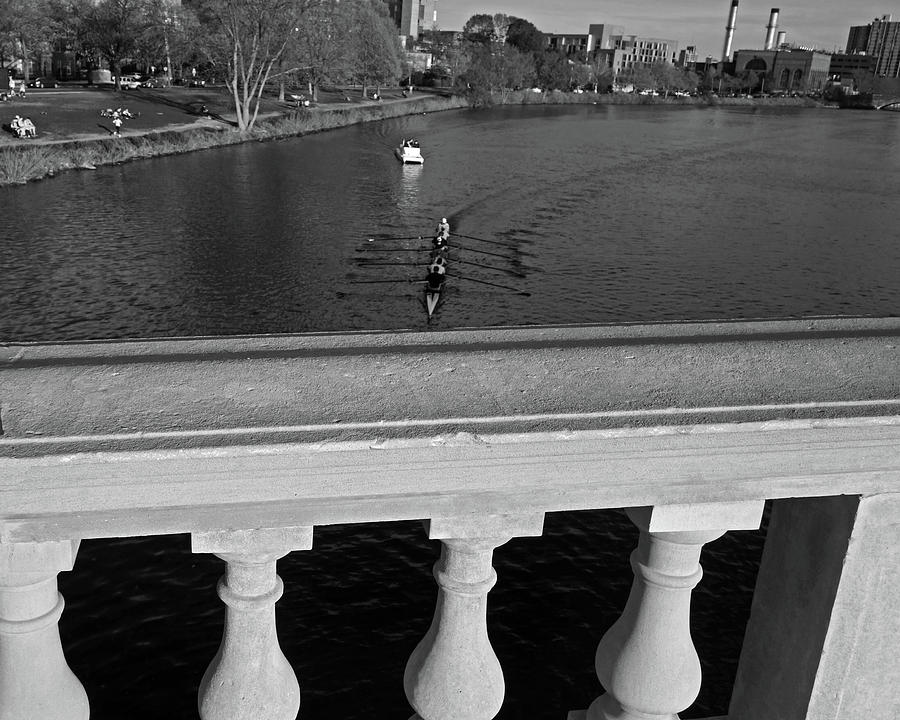 Rowing Towards the Weeks Bridge Charles River Harvard Square Cambridge MA Black and White Photograph by Toby McGuire