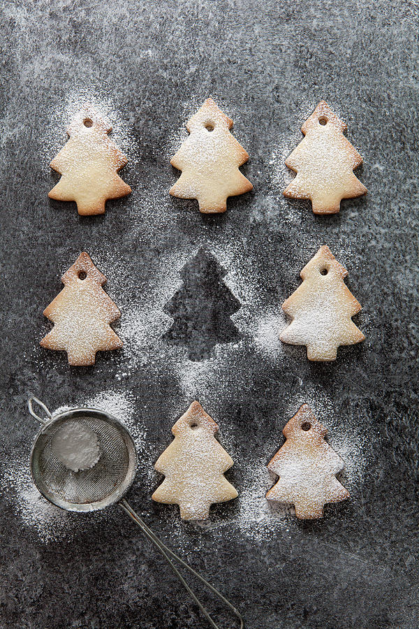Rows Of Christmas Tree Shaped Biscuits Dusted With Icing Sugar With One Missing With Just The Outline Remaining And A Mini Sifter Filled With Icing Sugar All On A Grey Slate Surface Photograph by Stacy Grant