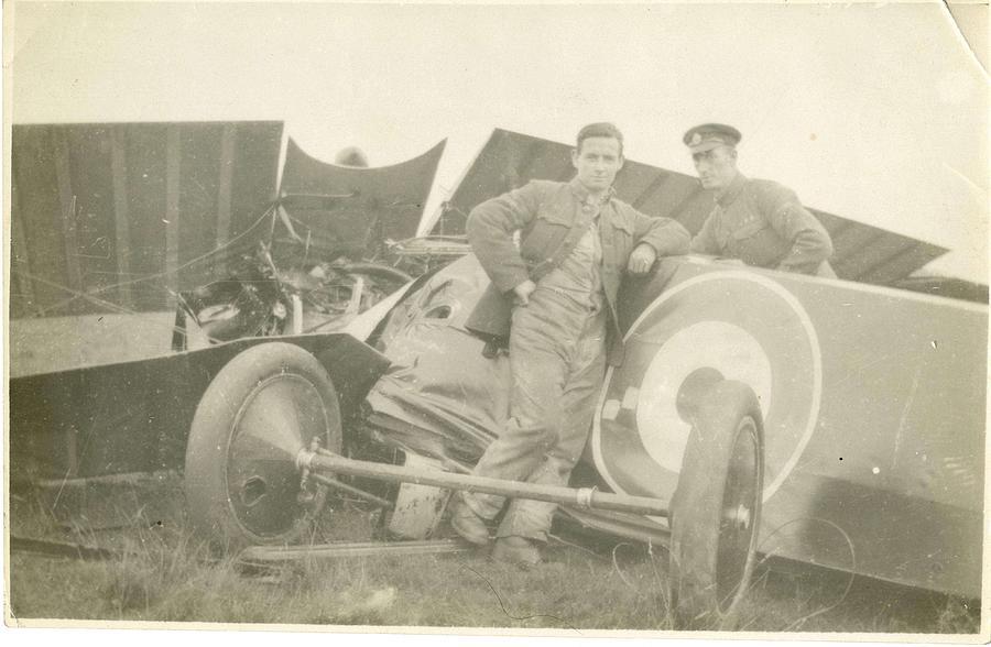 Portrait Painting - Royal Flying Corpsmen and a crashed Avro 504. France. From the Dent Family fonds by Celestial Images