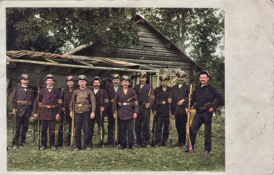 RPPC depicting a group of Landstormen  Swedish Landsturm  armed with gevar m 96 1920 colorized by Ah Painting by Celestial Images