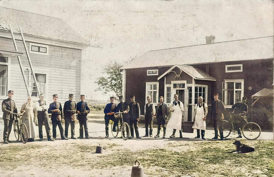 RPPC depicting a group of Swedish soldiers and some civilians in a farm. 1915 The farm where 2 plato Painting by Celestial Images