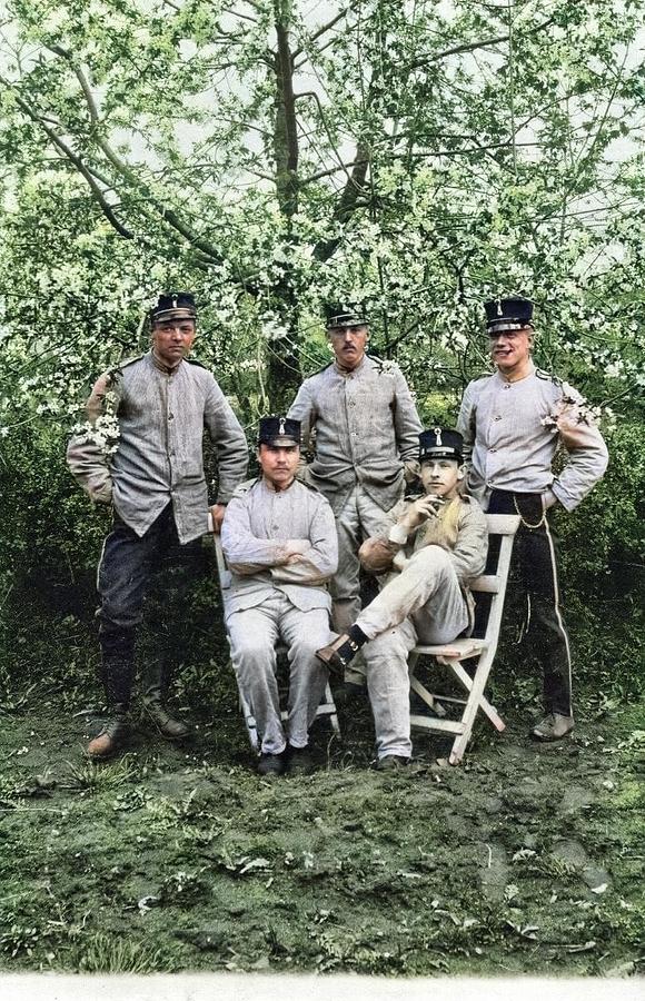 RPPC depicting a group of Swedish soldiers posing under a tree in blossom 1907 by E. J. Ekman colori Painting by Celestial Images