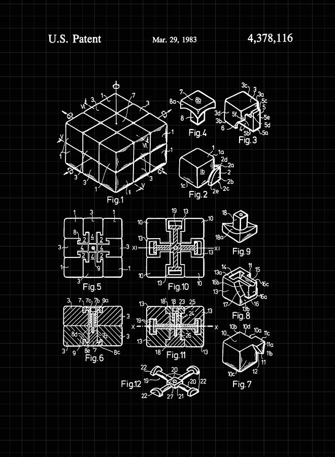 Rubiks Cube Patent 1983 - Black and White Digital Art by Marianna Mills