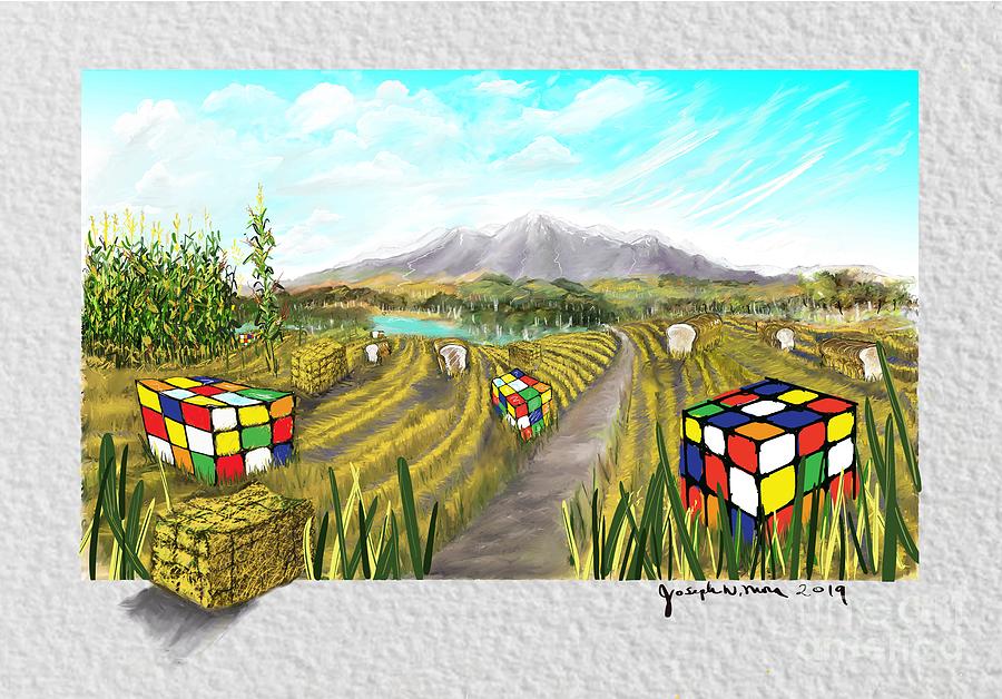 Landscape Digital Art - Rubric Cube and haystack by Joseph Mora