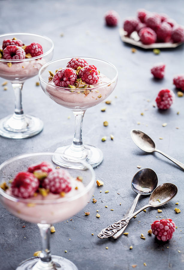 Ruby Chocolate Mousse With Raspberries And Crushed Pistachios Photograph by Kati Finell