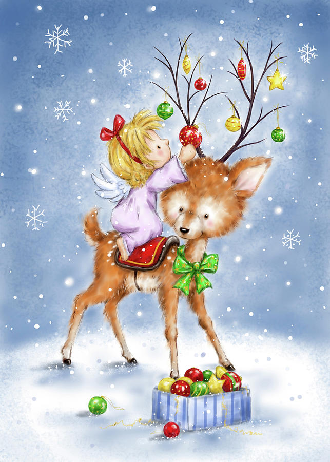 Deer Mixed Media - Rudolph With Angel by Makiko