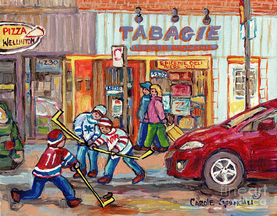 Winter Painting - Rue Wellington Verdun Montreal Winter Scene Painting Tabagie Pizza Shop Hockey Art C Spandau Artist  by Carole Spandau