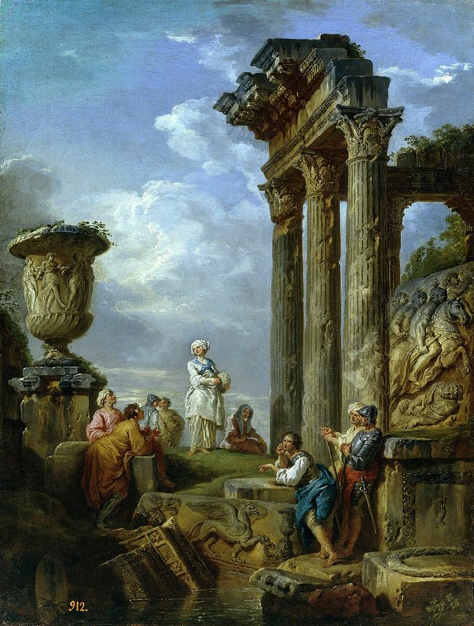 Ruinas con mujer dirigiendo la palabra a varias personas o Predicacion d... Painting by Giovanni Paolo Pannini -1691-1765-