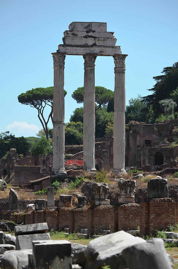 Ruins Beneath Three Columns of the Temple of Castor and Pollux Roman Forum Rome Italy Photograph by Shawn OBrien