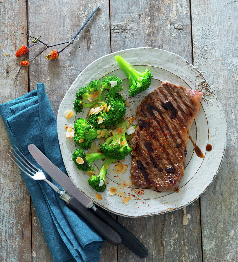 Rump Steak With Balsamic And Almond Broccoli Photograph by Udo Einenkel