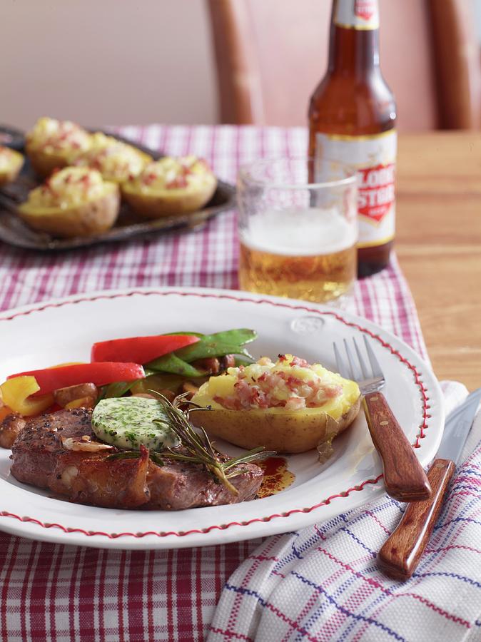 Rump Steak With Herb Butter, Fried Vegetables And Baked Potatoes usa Photograph by Jan-peter Westermann