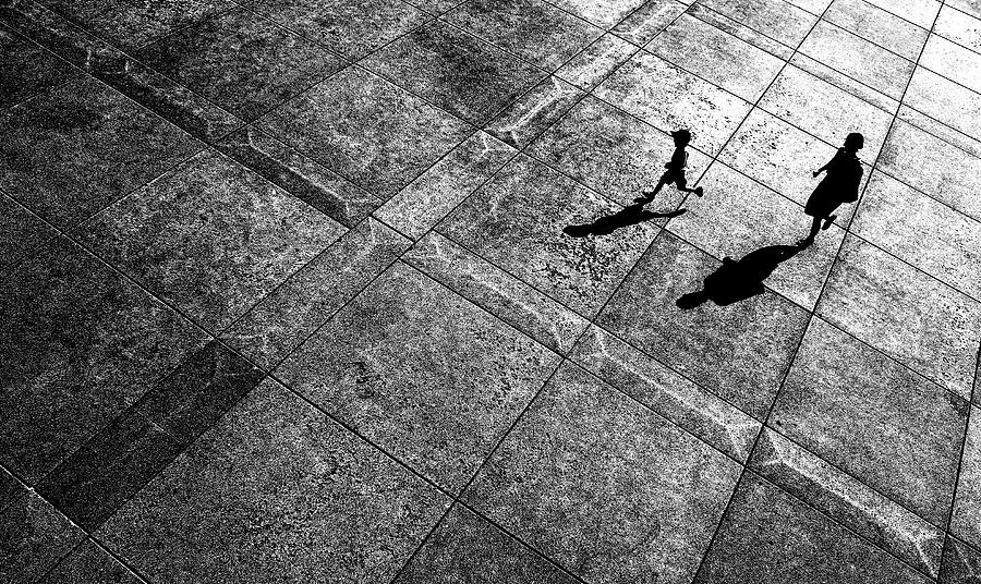 Black And White Photograph - Run With My Son by Jian Wang
