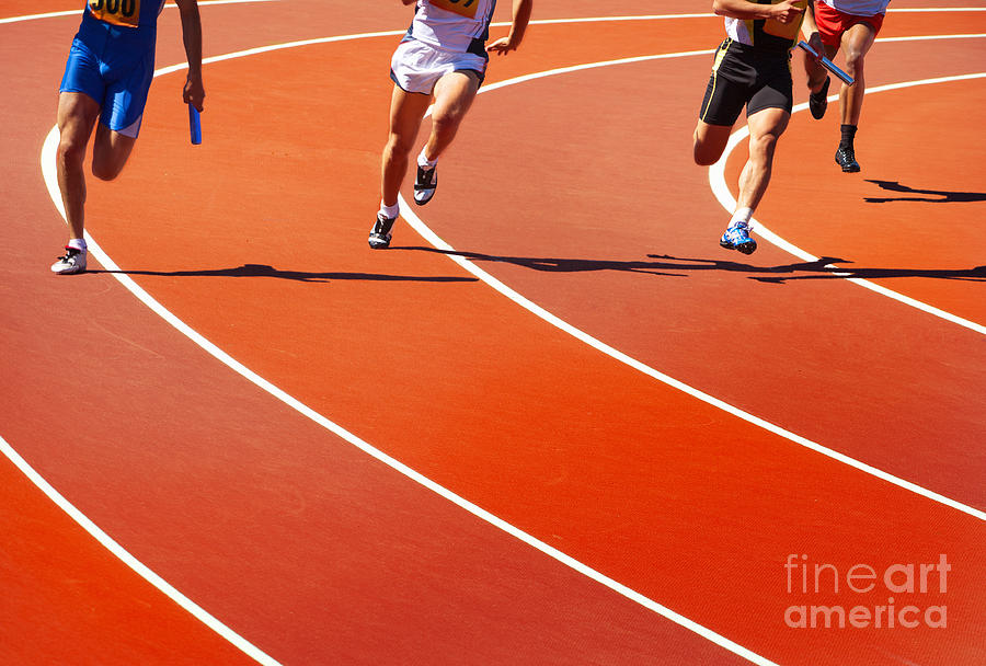 Compete Photograph - Running Athletes At Stadium In Relay by Valery Bareta Compete Photograph - Running Athletes At Stadium In Relay by Valery Bareta