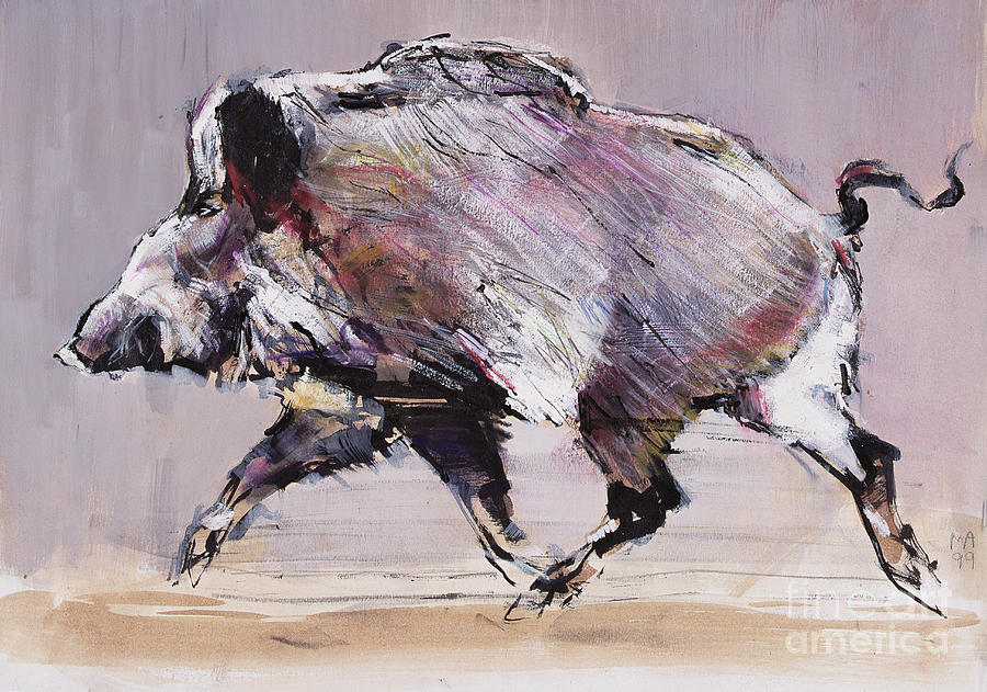 Running Boar, Mixed Media On Paper Painting by Mark Adlington