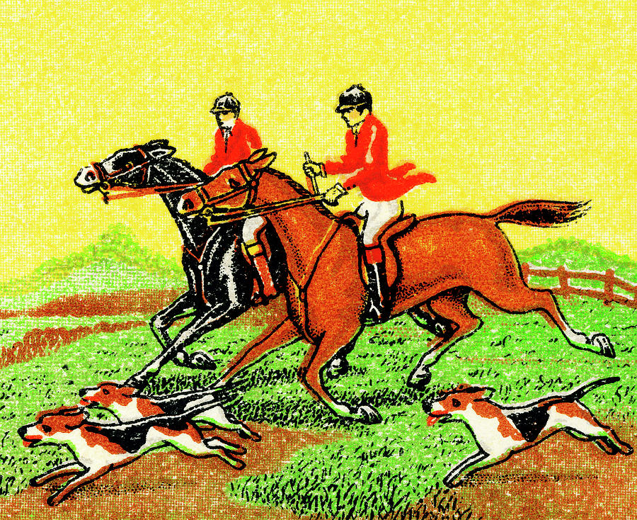 Vintage Drawing - Running Dogs and Men Riding Horses by CSA Images