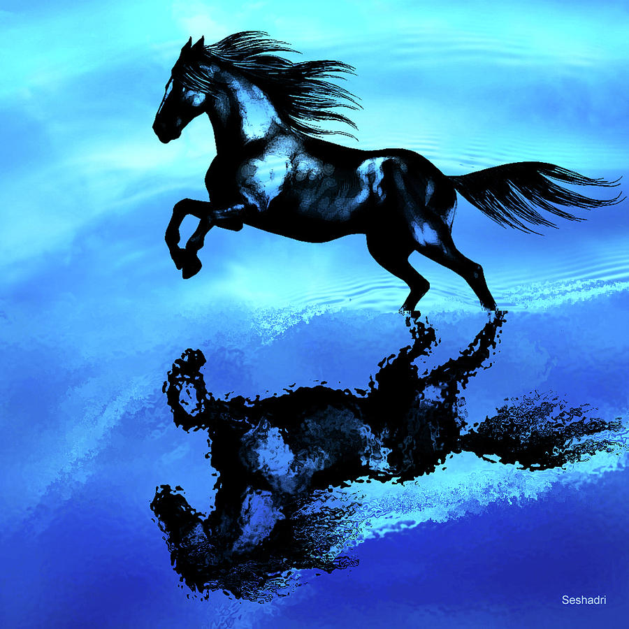 Running Horse In Blue Painting By Seshadri Sreenivasan