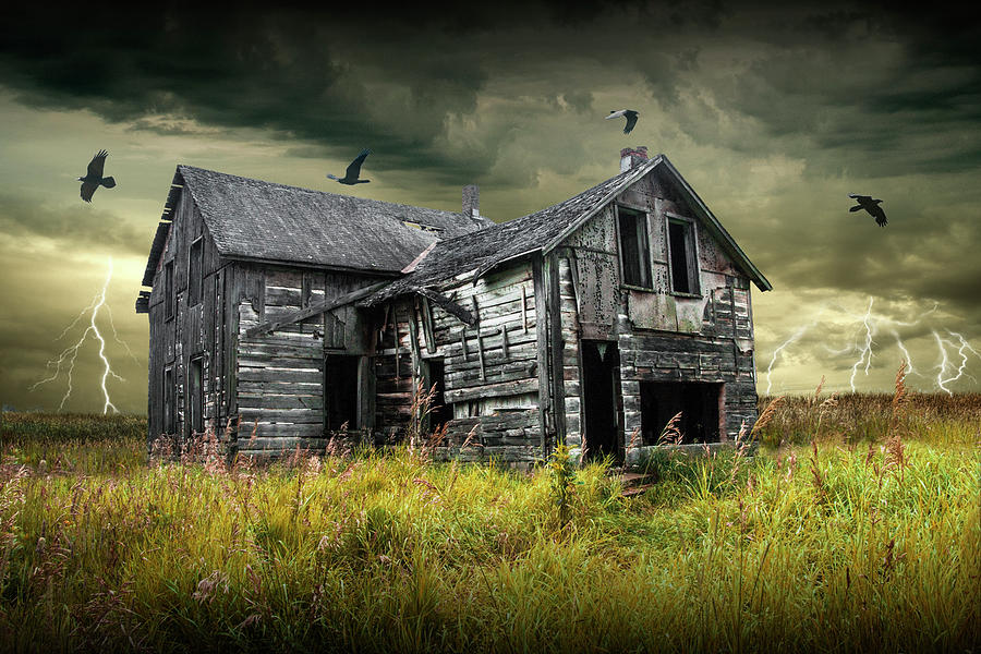 Rural Abandoned Farm House in a Thunder Storm with Black Crows Photograph by Randall Nyhof