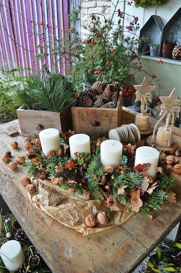 Rural Advent Decoration With Candles In An Elongated Advent Wreath, Drawers With Cones And Branches Photograph by Christin By Hof 9