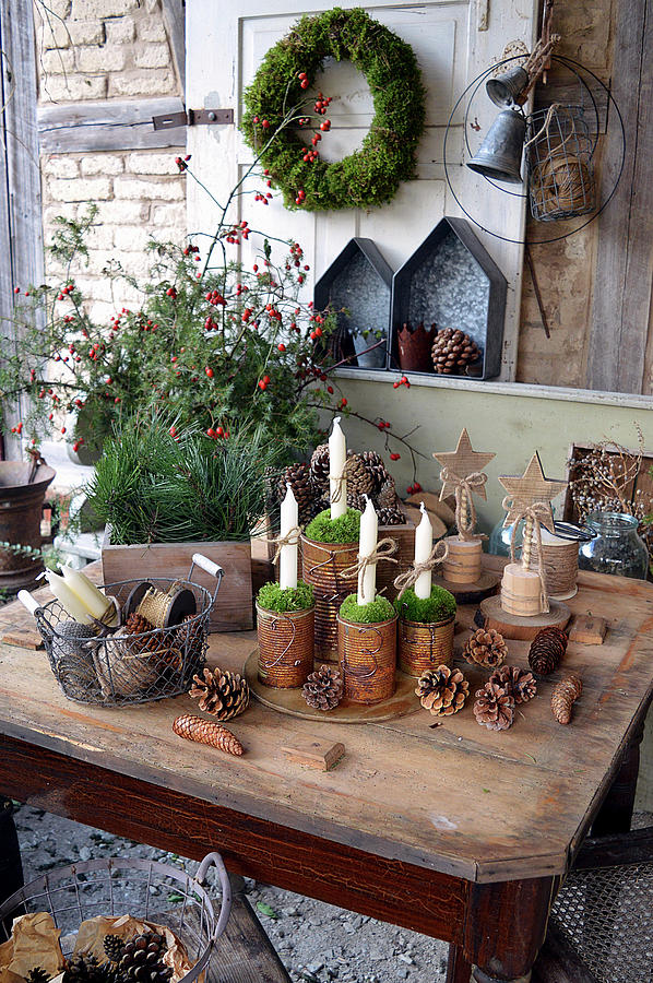 Rural Advent Decoration With Candles In Tin Cans And A Flower Arrangement Made Of Branches Photograph by Christin By Hof 9