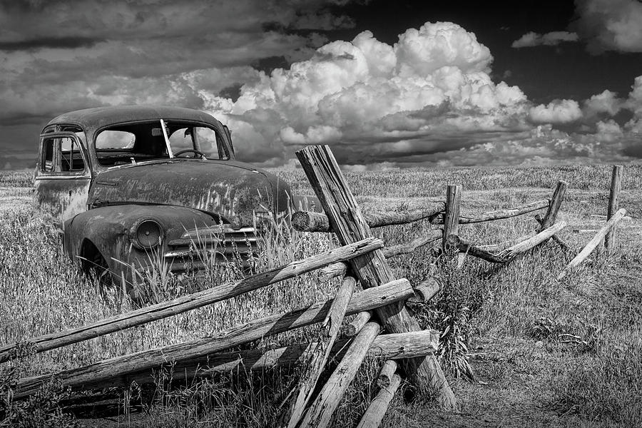 Rural Landscape Rusted Vintage Automobile in Black and White Photograph by Randall Nyhof