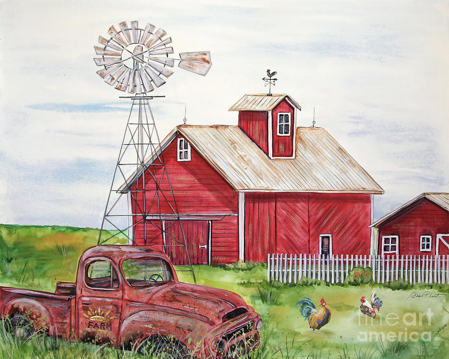 Rooster Painting - Rural Red Barn A by Jean Plout