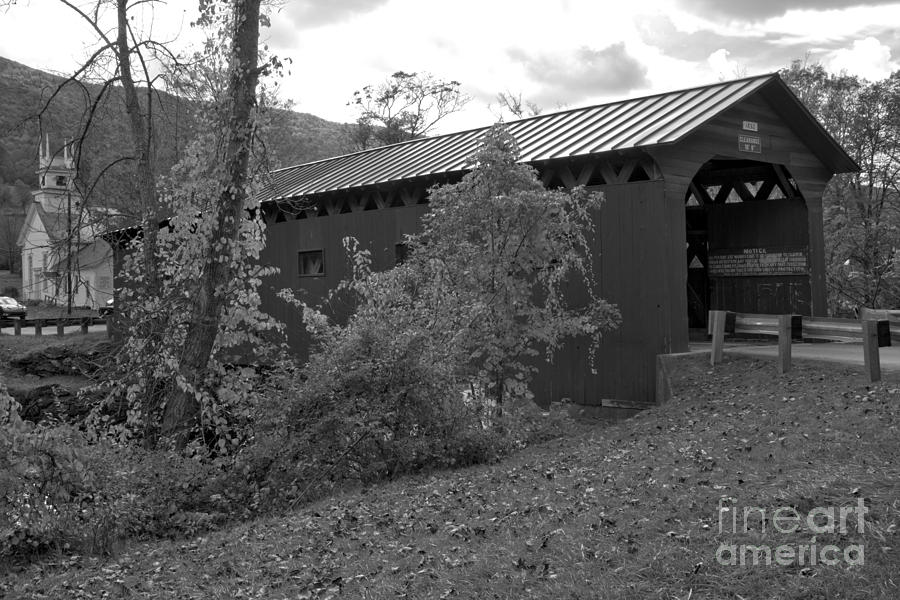 Black And White Photograph - Rural West Arlington Covered Bridge Black And White by Adam Jewell
