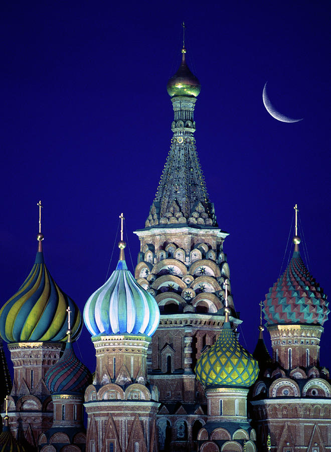 Russia, Moscow, Moon Over St Basils Photograph by Grant Faint