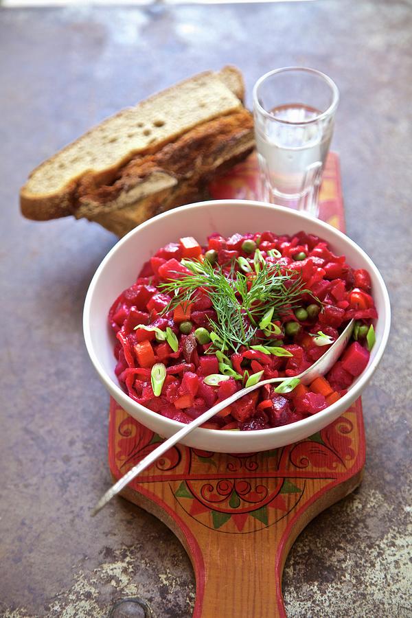Russian Beetroot Salad With Country Bread And Vodka Photograph by Andre Baranowski